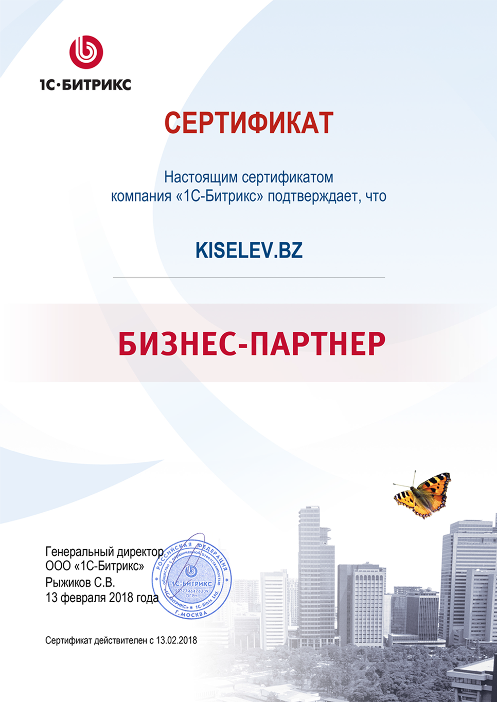 Сертификат партнёра по СРМ системам в Лысьве